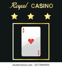 Golden casino logo with three stars and ace. Vector on a black background