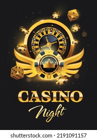 Golden Casino Night flyer illustration with luxury poker chips, dices and roulette wheel. Precious signboard, poster with realistic casino elements. Vector illustration. 