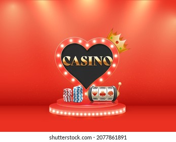 Golden Casino Over Marquee Heart Shape Frame With Crown, Poker Chip Stack And Slot Machine On Stage Orange Background.