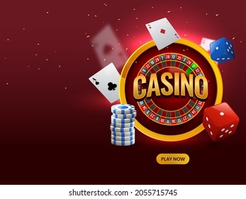 Golden Casino Over Roulette Wheel With 3D Dice, Poker Chips And Playing Cards On Red Background.