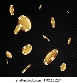 Golden Casino Poker Chips Falling Isolated On Black Transparency Background