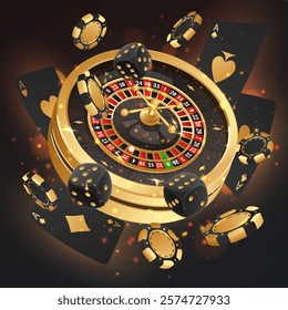 Golden casino roulette, wheel with black, gold poker chips, tokens, around on black background with reflection, lights. Vector illustration for design, advertising