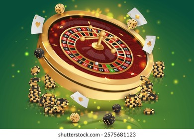 Golden casino roulette, wheel with black, gold poker chips, stacks  of token, around on green background with reflection, lights. Vector illustration for design, advertising