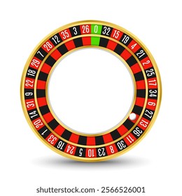 Golden casino roulette wheel with numbers and cells on white background with golden light, rays, glare, sparkles. Vector illustration for casino, game design, advertising
