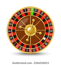 Golden casino roulette wheel with numbers and cells on white background with golden light, rays, glare, sparkles. Vector illustration for casino, game design, advertising