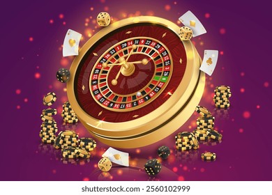 Golden casino roulette, wheel with stacks of black, gold poker chips, tokens, playing cards, dices, around on purple background with reflection, lights. Vector illustration for design, advertising