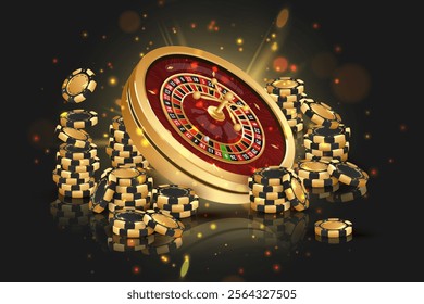 Golden casino roulette, wheel with stacks of black, gold poker chips, tokens, around on black background with reflection, lights. Vector illustration for design, advertising