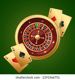 Golden casino roulette wheel with wood desk and cells, and golden playing cards on green. Concept for casino design. Vector illustration for card, flyer, poster, article, banner, web, advertising.