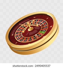 Golden casino roulette wheel with wood desk and cells on white background with golden light, rays, glare, sparkles. Vector illustration for casino, game design, advertising