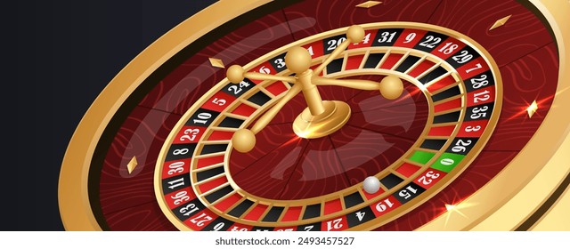 Golden casino roulette wheel with wood desk and cells on black background with golden light, rays, glare, sparkles. Vector illustration for casino, game design, advertising