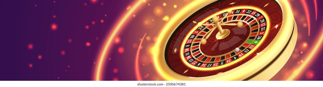 Golden casino roulette wheel with wood desk and cells on purple background with golden light, rays, glare, sparkles. Vector illustration for casino, game design, advertising