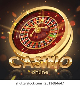 Golden casino roulette wheel with wood desk and cells on black background with golden light, rays, glare, sparkles. Vector illustration for casino, game design, advertising