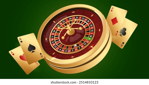 Roda de roleta de cassino dourado com mesa de madeira e células, e cartas de jogo douradas em verde. Conceito para design de cassino. Ilustração vetorial para cartão, folheto, cartaz, artigo, banner, web, publicidade