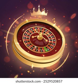 Roda de roleta de casino dourado com mesa de madeira e células, coroa de ouro no fundo preto com luz círculos dourados, raios, brilho, brilhos. Ilustração vetorial para cassino, design de jogos, publicidade