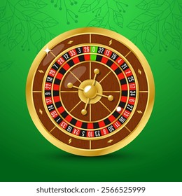 Golden casino roulette wheel with wood desk and cells Vector illustration for casino, game design, advertising