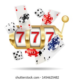 Golden casino slot machine, jackpot poster template. On white background. VECTOR