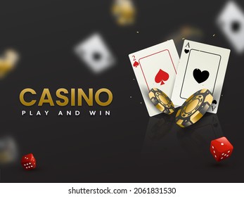 Golden Casino Text With 3D Poker Chips, Ace Cards And Dices On Black Blurred Background.