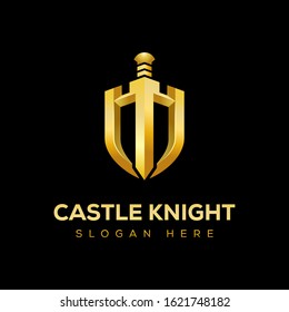 Golden Castle knight with shield premium logo design vector template