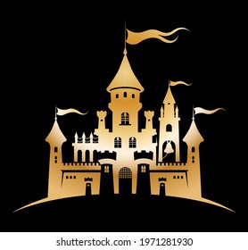 Golden Castle silhouette standing hill  Abstract fairy tale fortress black background  Cartoon vector illustration  Child accessories  travel  tourism  fantasy design element fabric print