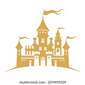 Golden Castle silhouette standing on the hill. Abstract fairy tale fortress. Cartoon vector illustration. Child accessories, travel, tourism, fantasy design element or apparel, fabric print.