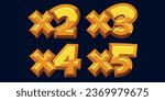 Golden casual multipliers. x2, x3, x4, x5. Gold bonus multiplier, set of numbers.