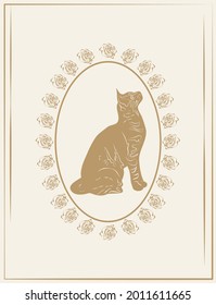 Golden cat in a beautiful frame on a beige background. Vector illustration 