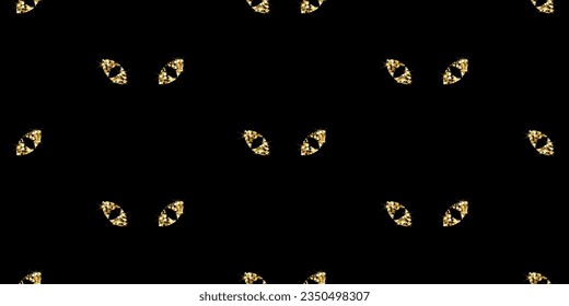 Golden cat eyes twinkle in the dark. Seamless pattern. Gold glitter on a black background. Vector background image