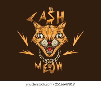 Golden Cat Illustration with "Cash Meow" Typography and Bold Lightning Bolts