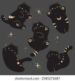 Golden cat on a black background. Vector magic, mystic  gold cat silhouette with stars, tattoo