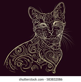 Golden cat on a dark background. For shirts, pillows, tattoo. Linear silhouette filled with floral ornaments. Vector illustration in style zentangl. 