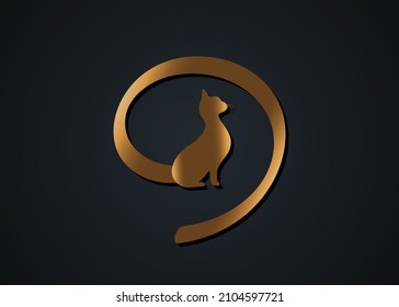 Golden cat silhouette with curly tail, feline animal gold round logo template, vector illustration isolated on a black background