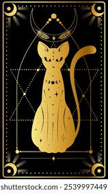 The golden cat stands majestically, adorned with stars, moons, and sacred geometry, radiating an aura of mystery and cosmic elegance in a dark setting.