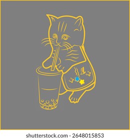 Golden cat with Thai pattern mixed lines carrying a cute bag sucking nectar. Flat vector. Isolated happy pet character with lightning bolt pattern and calm face. Cat family. Happy character.