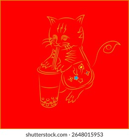 Golden cat with Thai pattern mixed lines carrying a cute bag sucking nectar. Flat vector. Isolated happy pet character with lightning bolt pattern and calm face. Cat family. Happy character.