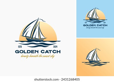 Golden catch logo with a sailboat in the ocean. Perfect for seafood restaurants, fishing charters, maritime businesses, and yacht clubs.