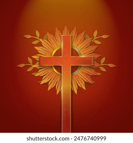 Golden Catholic Cross Symbol with Monstrance arm design on a red background. Glowing metallic Christian crucifix with gold edges. Religious poster template, no text. Vector Illustration. EPS 10