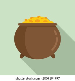 Golden cauldron icon flat vector. Gold pot. Irish golden treasure