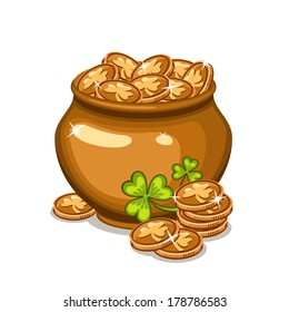 Golden cauldron of leprechauns gold with lucky clovers 