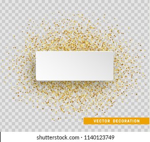 Golden celebration background with confetti. Paper white bubble for text.