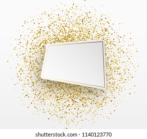 Golden celebration background with confetti. Paper white bubble for text.