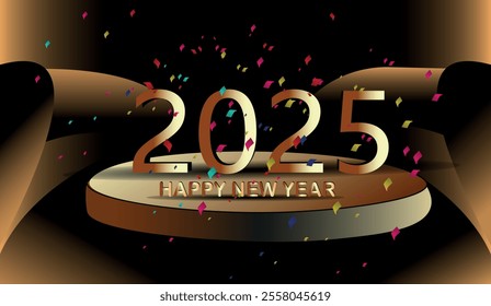 Golden Celebration Happy New Year 2025 with Confetti and Elegant Background Design