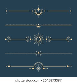 Golden celestial dividers with moon, stars and sun symbols on dark blue background for tarot mystical design. Decorative horizontal lines with crescent shapes, radiant solar bursts and astral elements