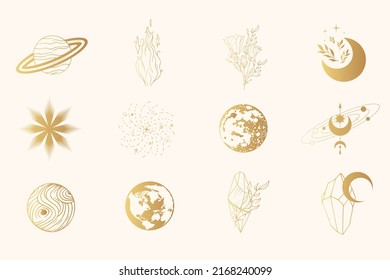 Símbolos esotéricos celestiales dorados y cuerpos espaciales aislados. Ilustración vectorial Boho para brujería y diseño místico.