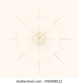 Golden celestial evil eye illustration. Gold mystical moon print with sunburst. Vector isolated.
