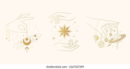 Manos doradas celestiales femeninas con elementos místicos - luna, planetas y estrellas. Tres ilustraciones vectoriales de boho para la brujería, el saludo, la joyería, los cosméticos.