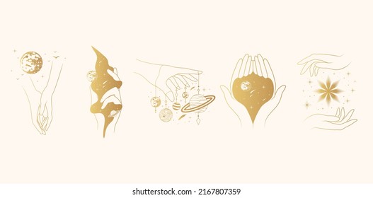 Golden celestial female hands with mystical elements - moon, planets and stars. Five vector boho illustrations for whitchcraft, greeting, jewelry, cosmetics.