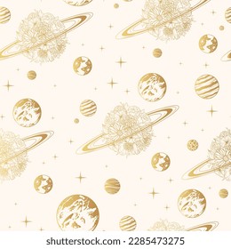 Golden celestial floral planets and stars. Hand drawn mystical seamless pattern. Vector illustration for background, textile, texture and wrapping paper.