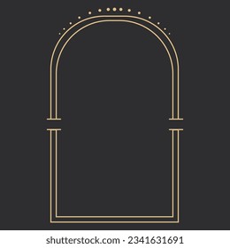 Golden celestial frame, border, arch line art esoteric minimal decoration with sparkles isolated on dark background.