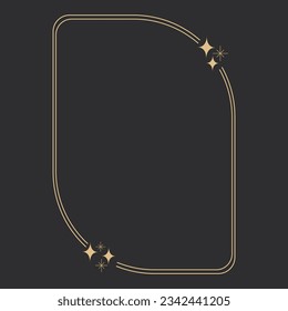 Golden celestial frame, border, arch line art esoteric minimal decoration with sparkles isolated on dark background.