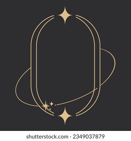 Golden celestial frame, border, arch line art esoteric minimal decoration with sparkles isolated on dark background.